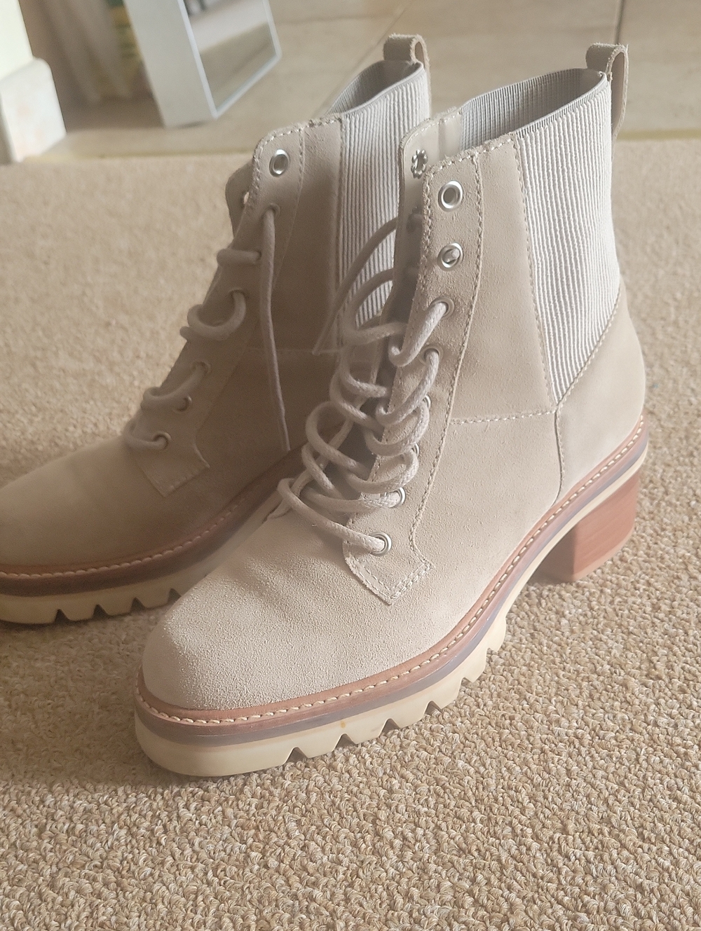 Bernardo Beige Lace-Up Chunky Heel Ankle Boots